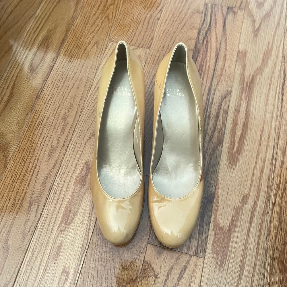 Stuart Weitzman Tan Patent Leather Platform Pumps Heels Womens 10M Flaw DIY
